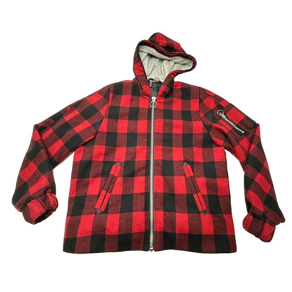 H&M Divided Hooded Jacket Women's Size 4 Red + Black Buffalo Plaid With Pockets